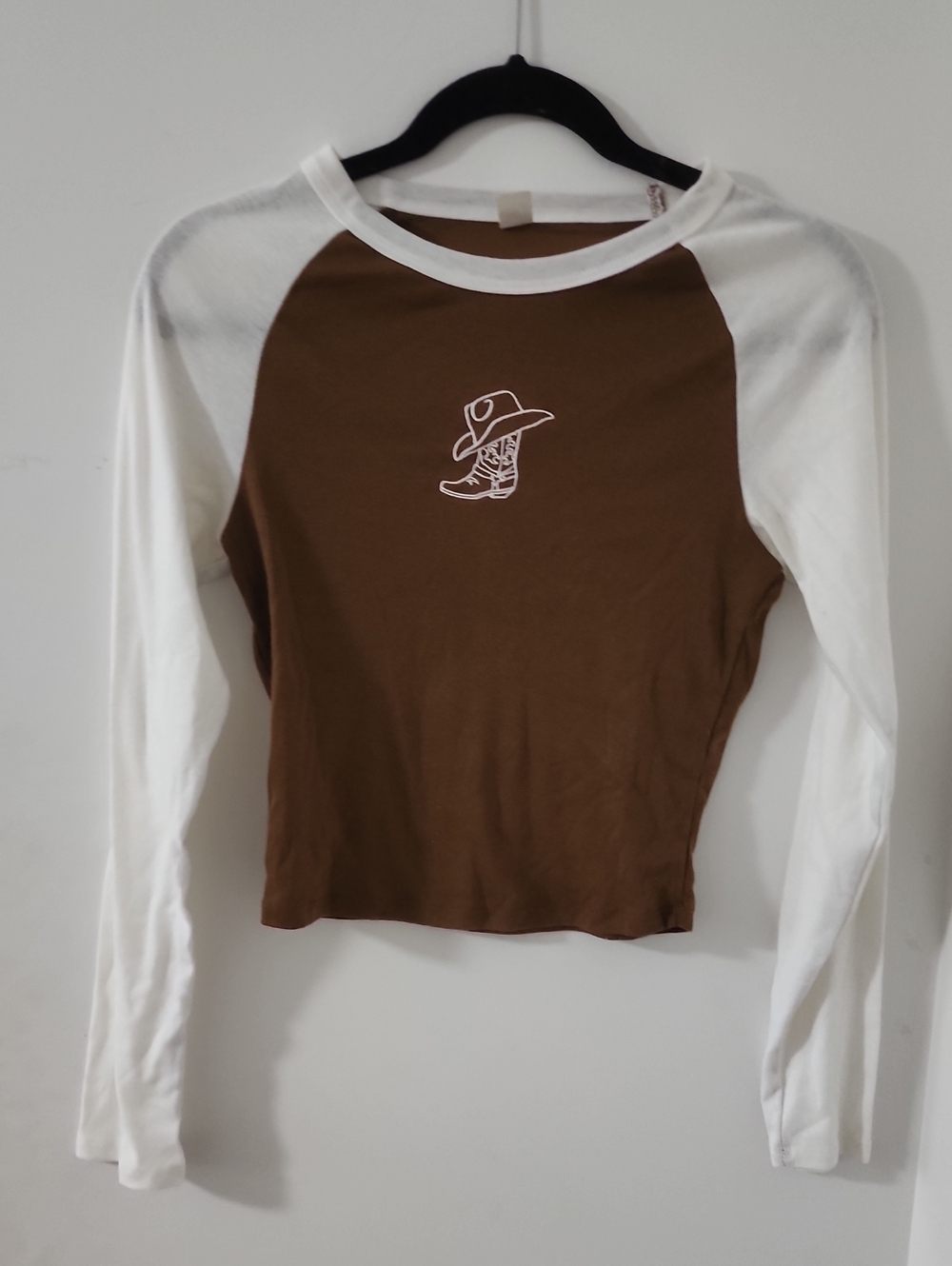 Brown & White Raglan Top with Cowboy Boot Graphic